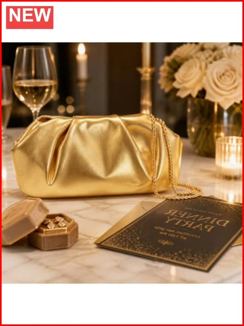 Gold Evening Clutch Purse with Detachable Chain - Faux Leather Pleated